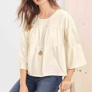 Garnet Hill Cream Tiered Peasant Long-Sleeve Top